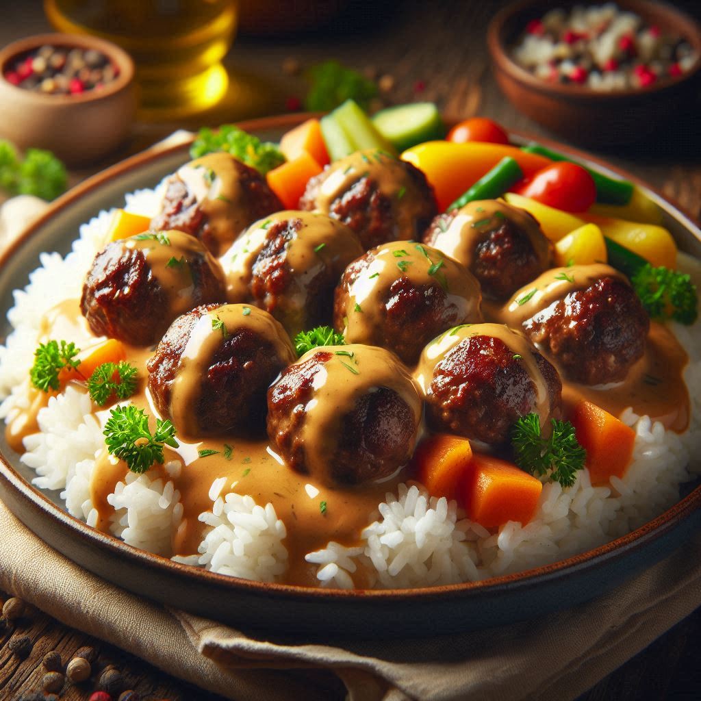 Beef Meatballs with Rice & Creamy Sauce